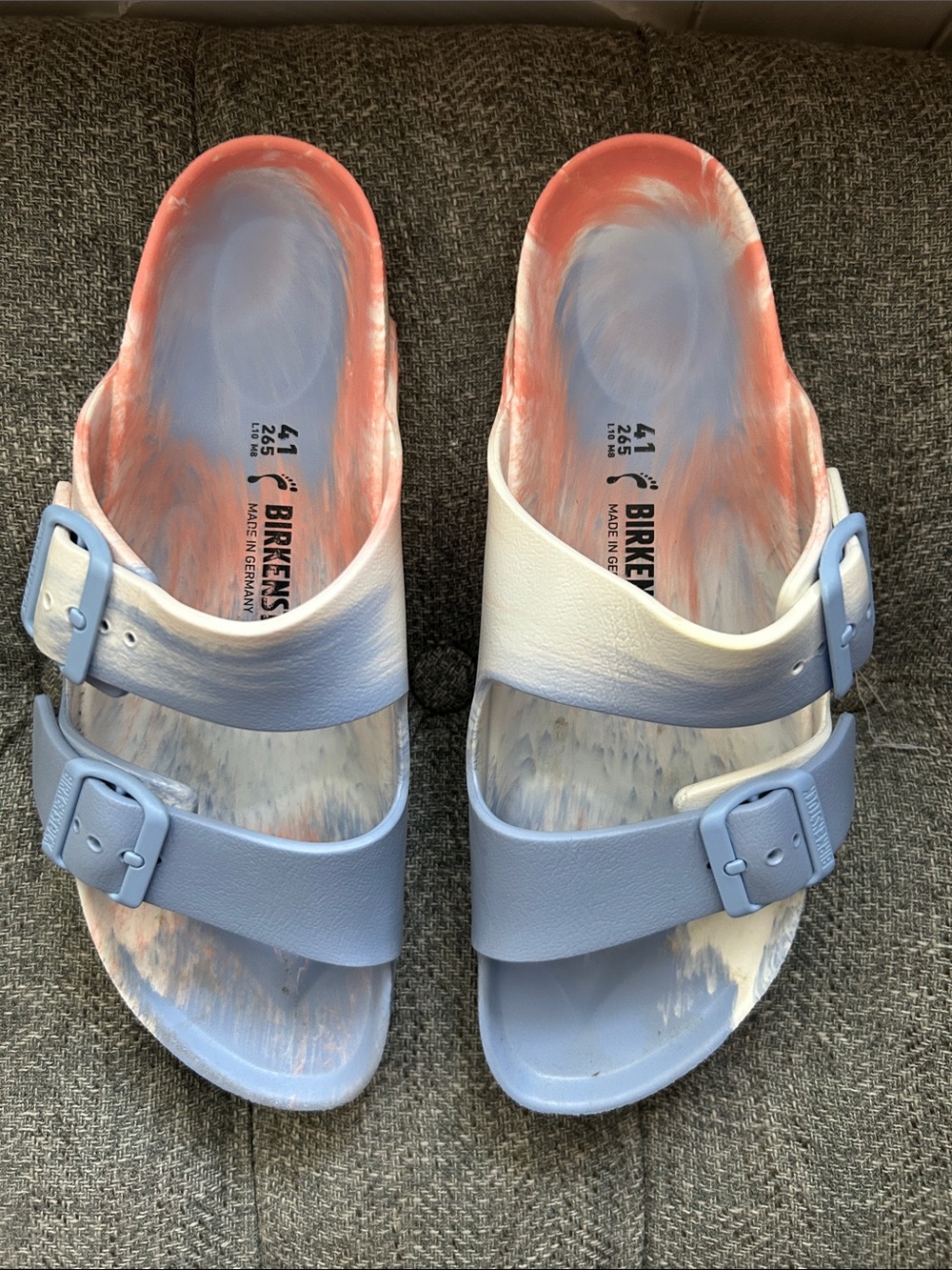 Birkenstock Essentials Arizona Two-Strap Sandals in Light Blue and Coral Swirl